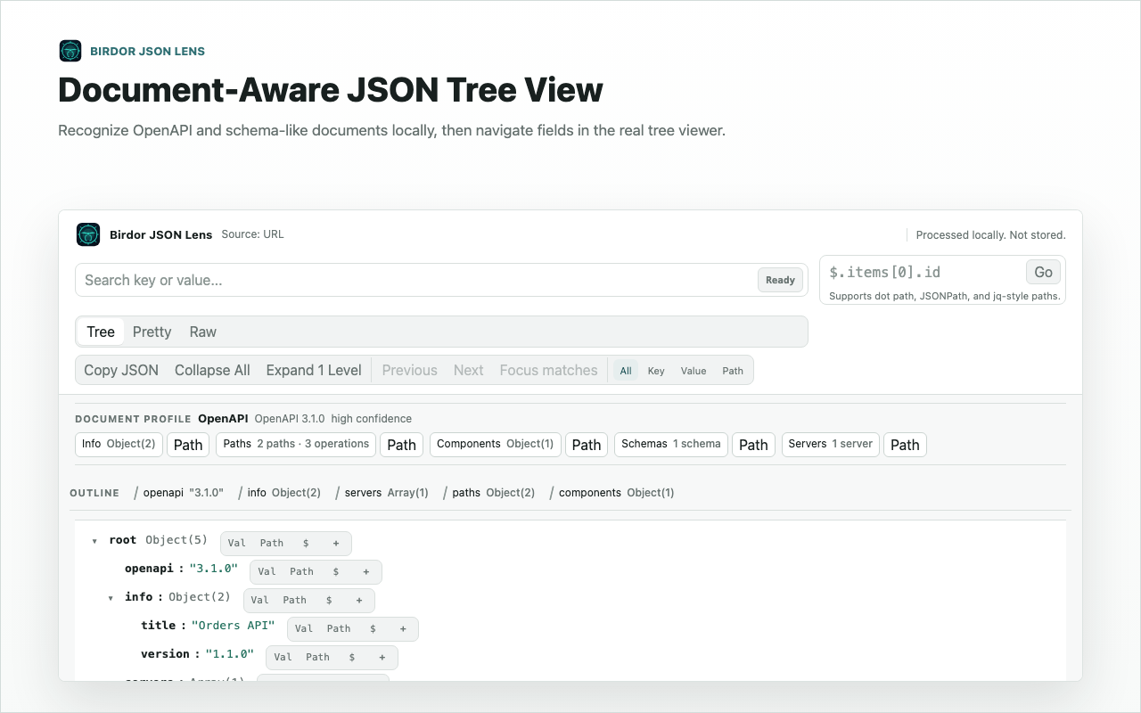 JSON Lens screenshot showing a document-aware tree view for an OpenAPI-style JSON file.