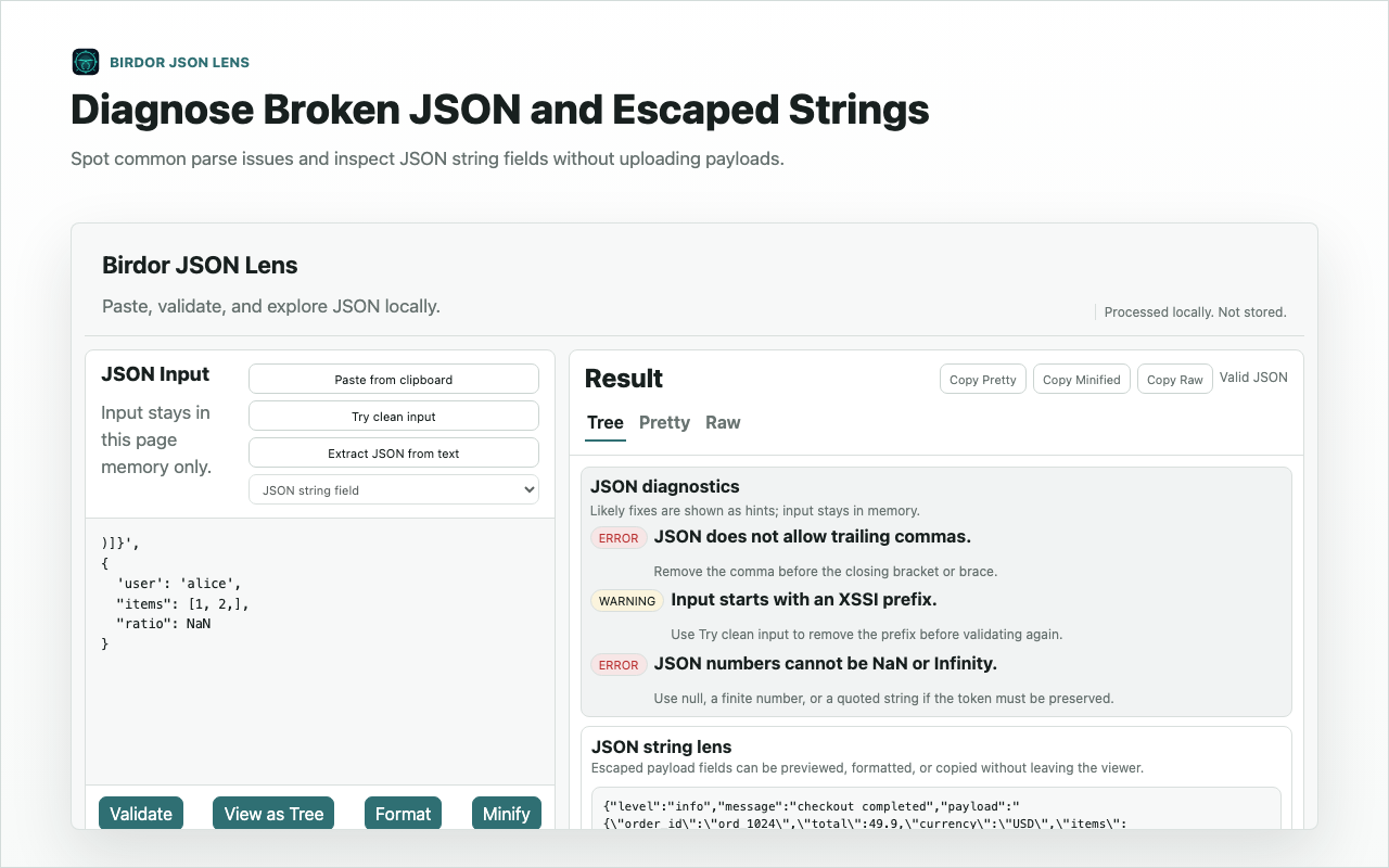JSON Lens Scratchpad showing invalid JSON diagnostics and a string lens.