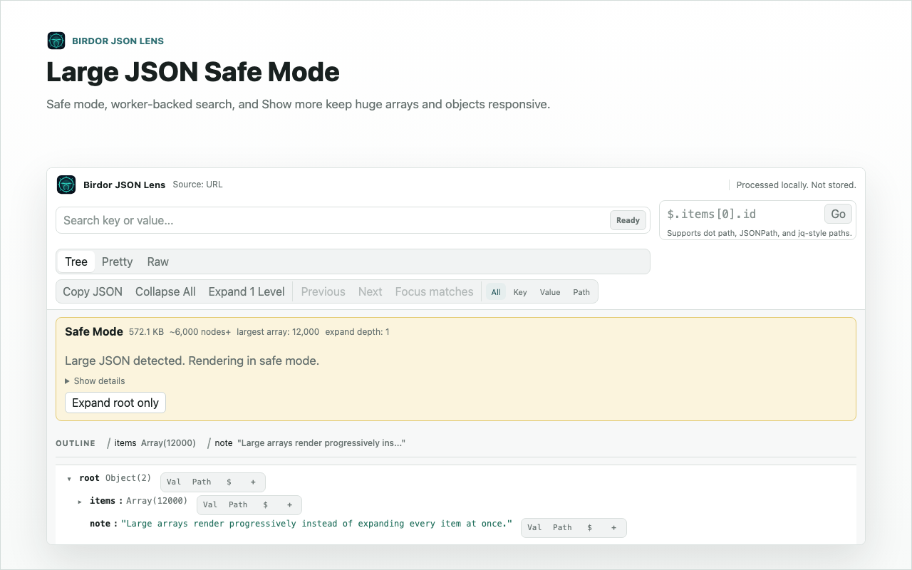 JSON Lens large JSON safe mode screen.