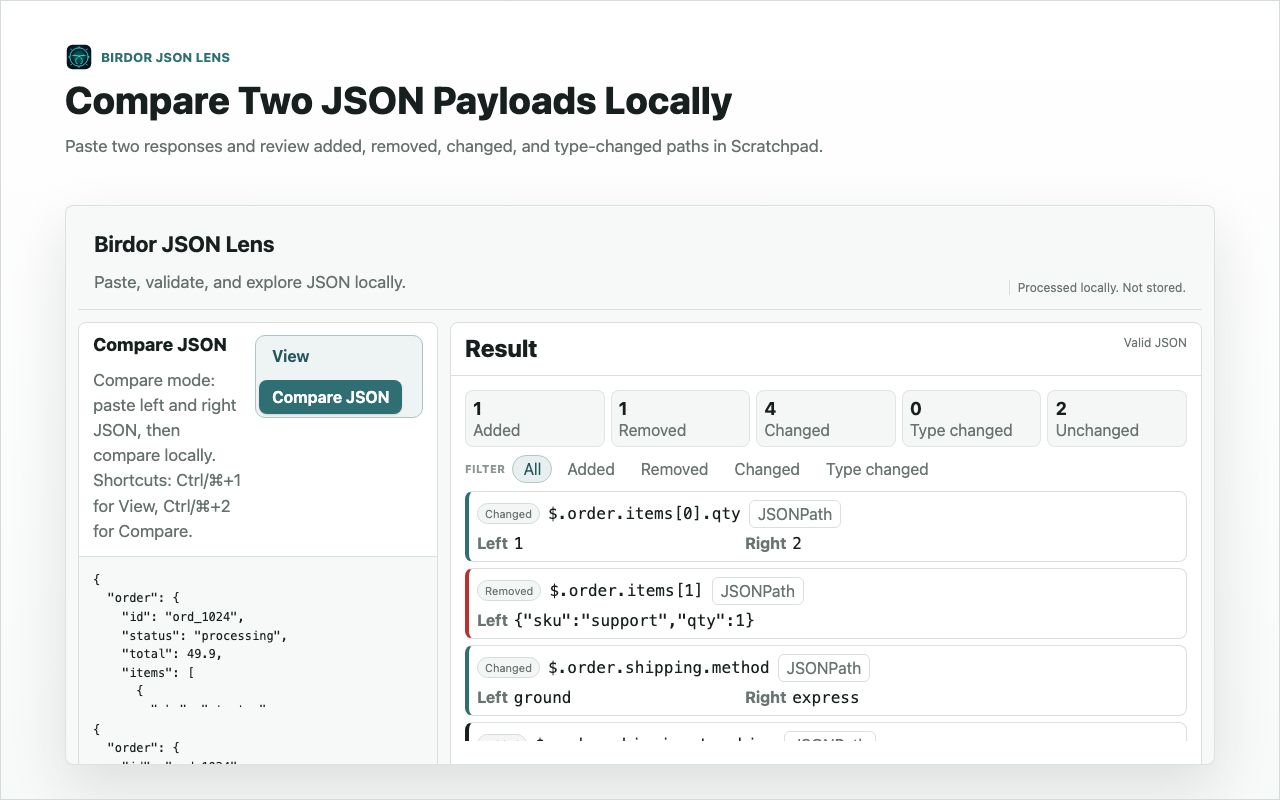 JSON Lens compare mode with two pasted JSON payloads.
